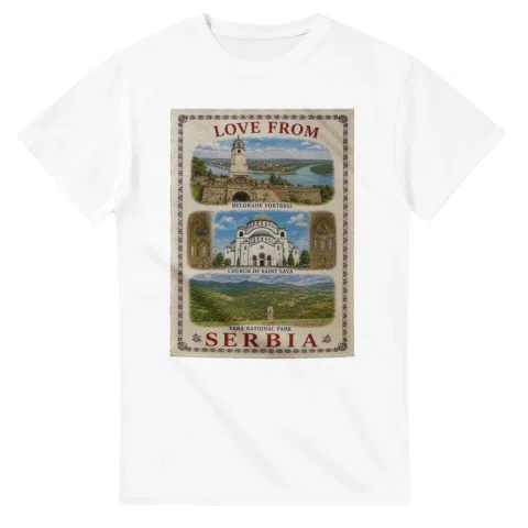 Framed scenic design for Serbia, with several local views, a decorative border and LOVE FROM lettering.