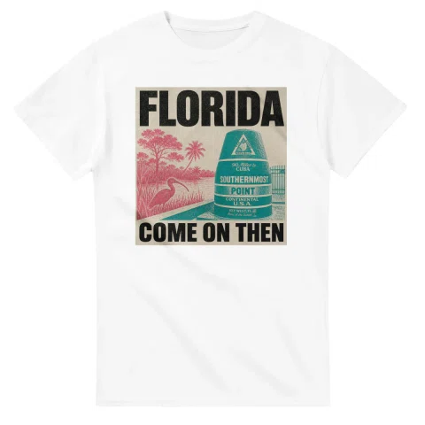 Two-colour scenic illustration for Florida, with the place name and COME ON THEN lettering.