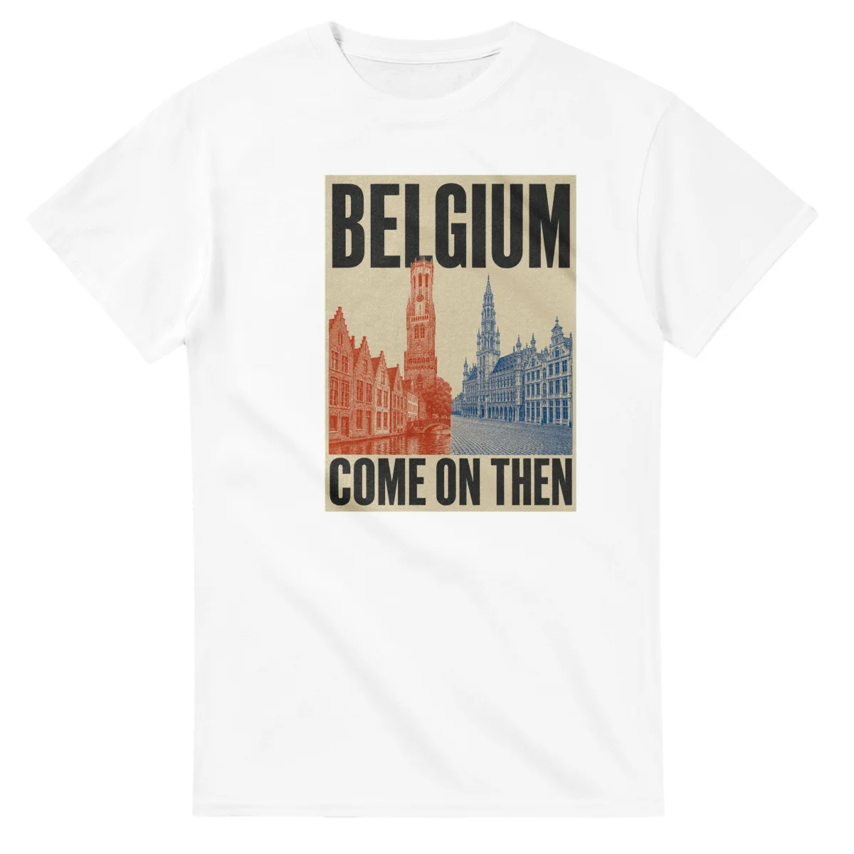 Two-colour scenic illustration for Belgium, with the place name and COME ON THEN lettering.