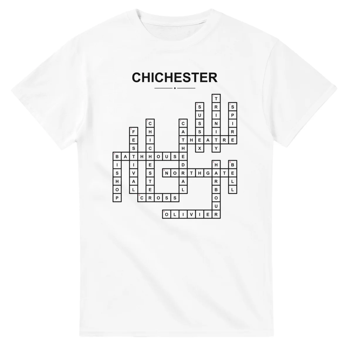 Monochrome crossword sheet for Chichester, with a large place-name heading, a letter grid, and numbered across and down clues.