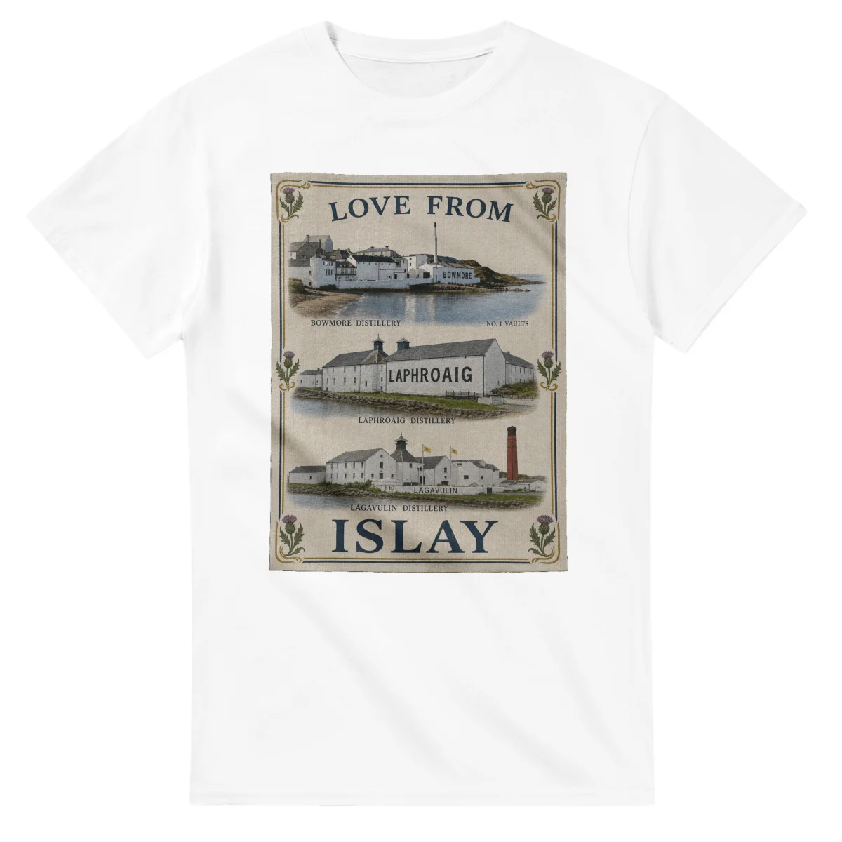 Framed scenic design for Islay, with several local views, a decorative border and LOVE FROM lettering.
