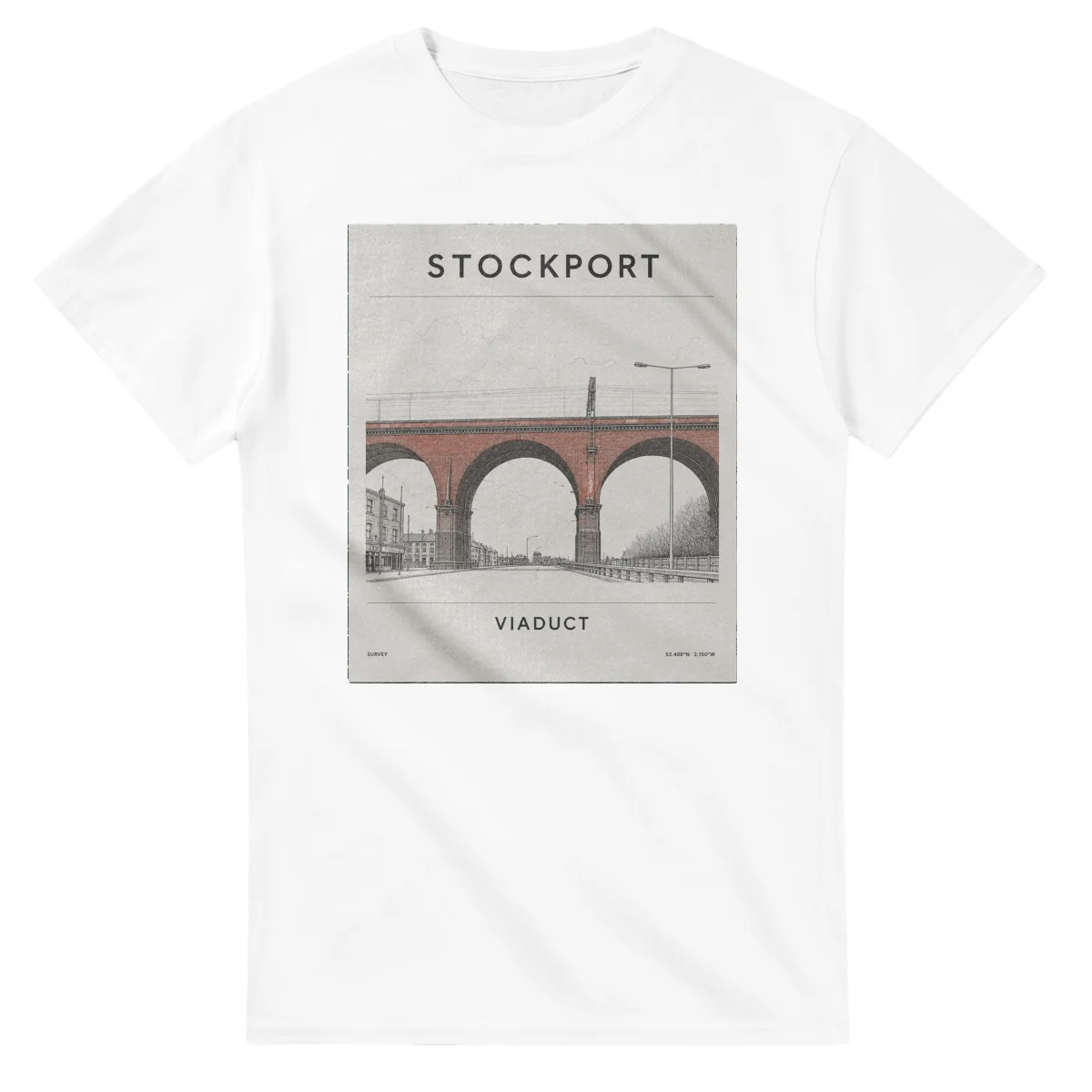 Fine-line engraving-style drawing for Stockport, with a landmark caption and small coordinate text.