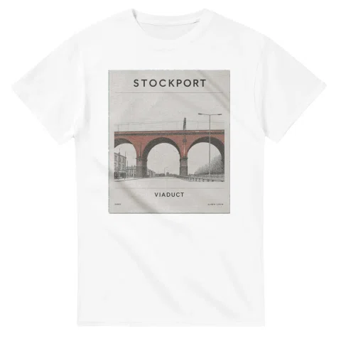 Fine-line engraving-style drawing for Stockport, with a landmark caption and small coordinate text.