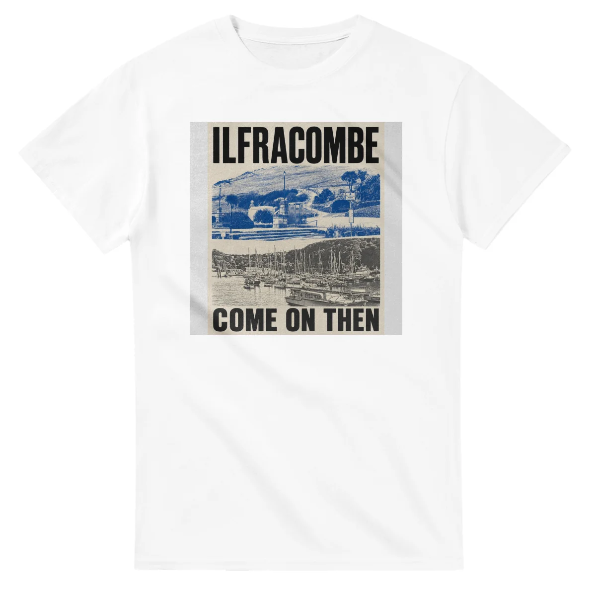 Two-colour scenic illustration for Ilfracombe, with the place name and COME ON THEN lettering.