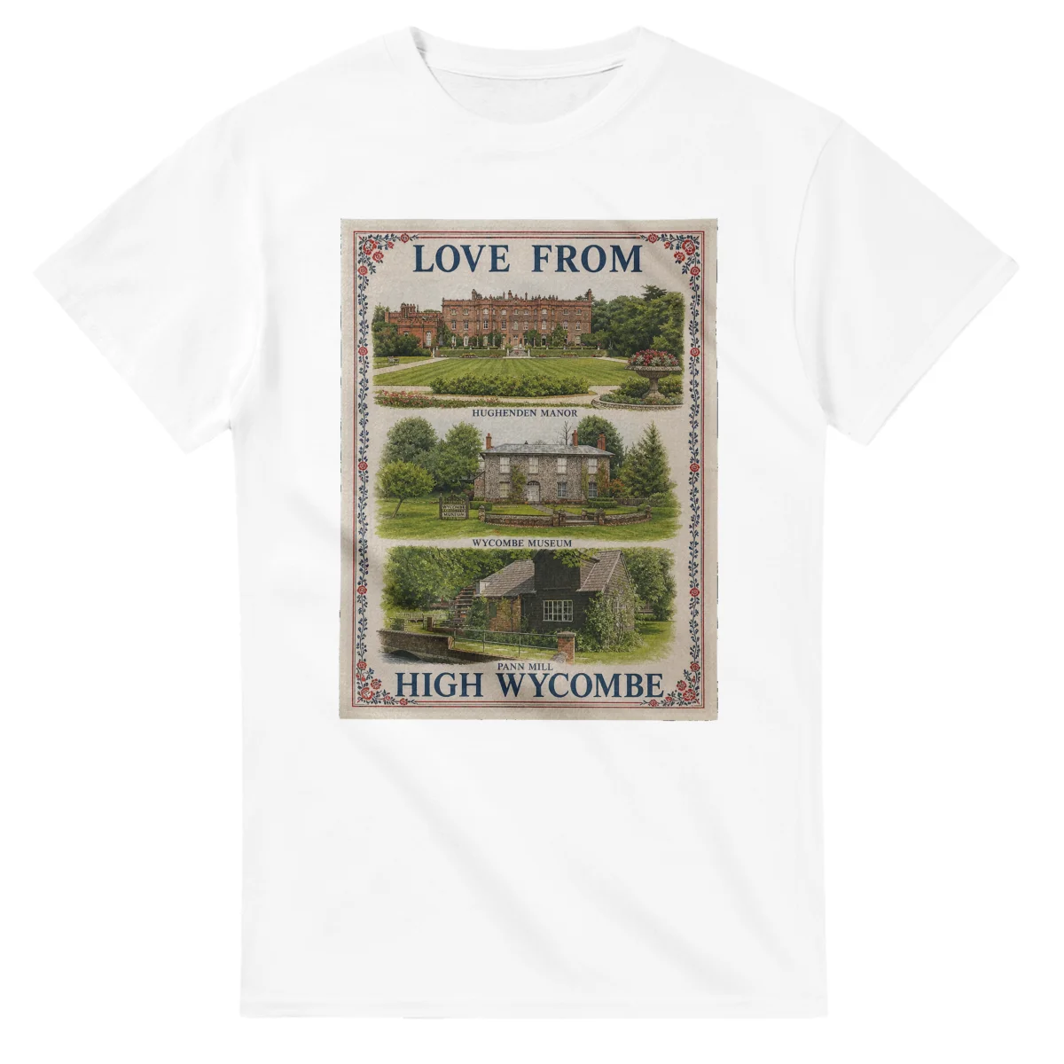 Framed scenic design for High Wycombe, with several local views, a decorative border and LOVE FROM lettering.