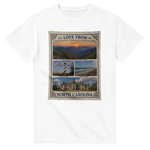 Framed scenic design for North Carolina, with several local views, a decorative border and LOVE FROM lettering.