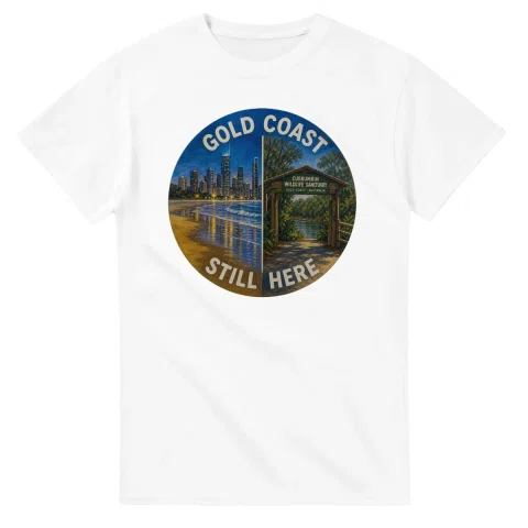 Painted, panelled scenic illustration for Gold Coast, with paired local scenes and the place name in lettering.