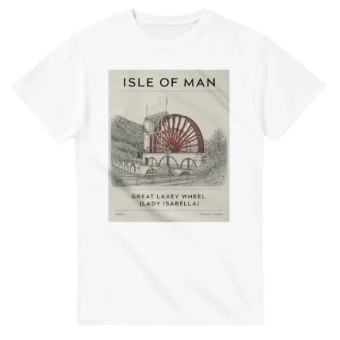 Fine-line engraving-style drawing for Isle of Man, with a landmark caption and small coordinate text.