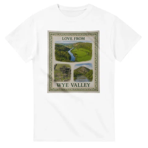 Framed scenic design for Wye Valley, with several local views, a decorative border and LOVE FROM lettering.