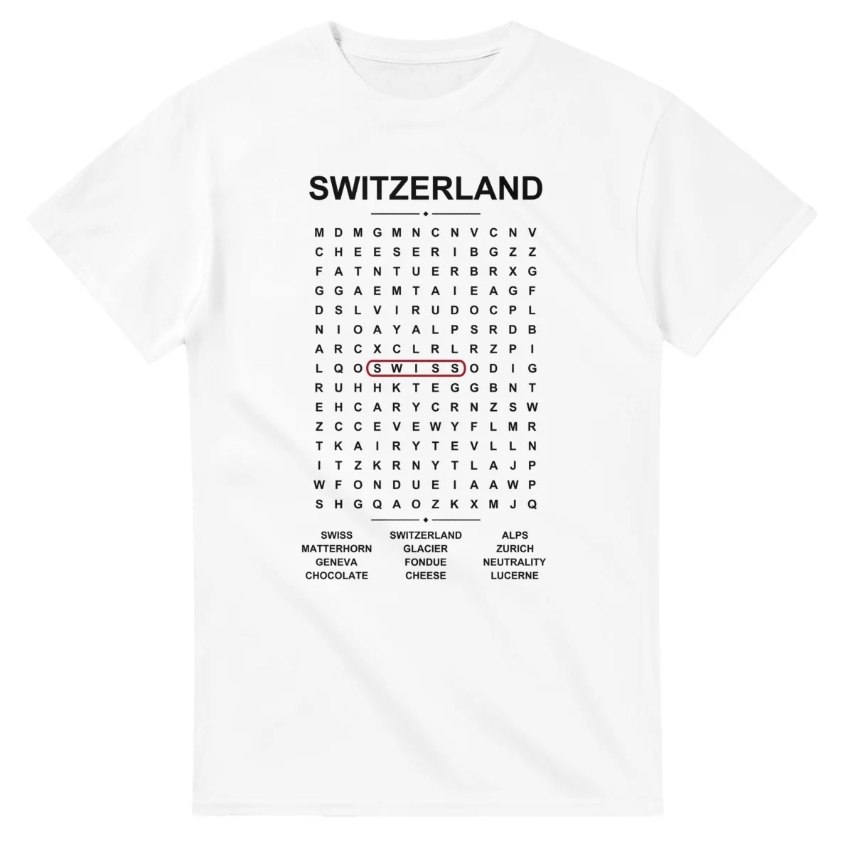 Word-search sheet for Switzerland, with a large place-name heading, a letter grid, a local answer list, and a red highlighted example word.