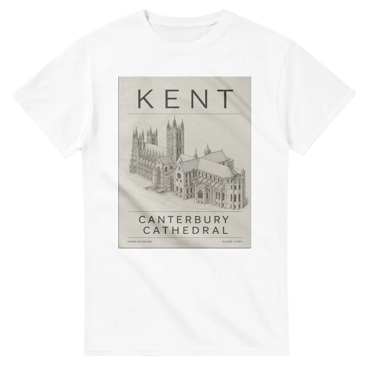 Fine-line engraving-style drawing for Kent, with a landmark caption and small coordinate text.