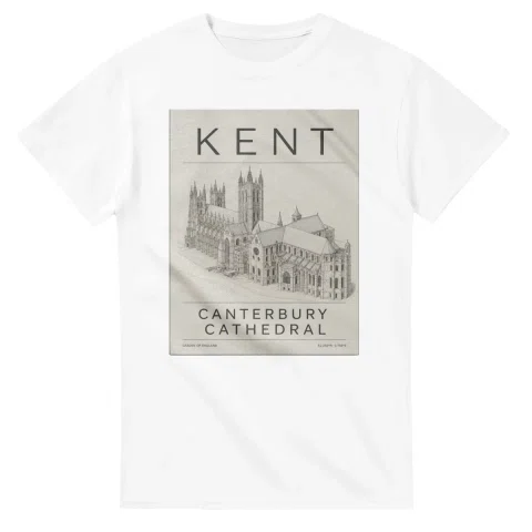 Fine-line engraving-style drawing for Kent, with a landmark caption and small coordinate text.