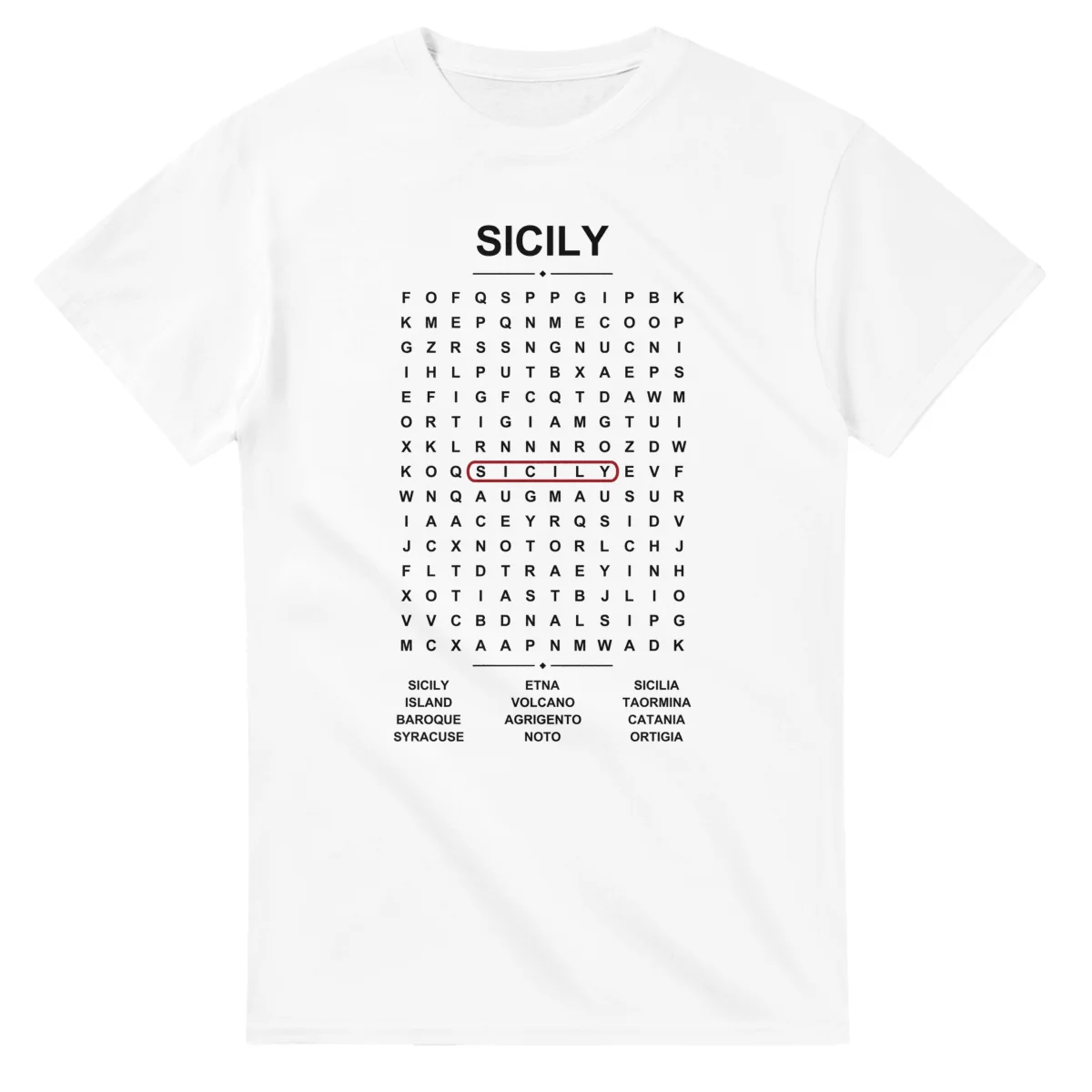 Word-search sheet for Sicily, with a large place-name heading, a letter grid, a local answer list, and a red highlighted example word.