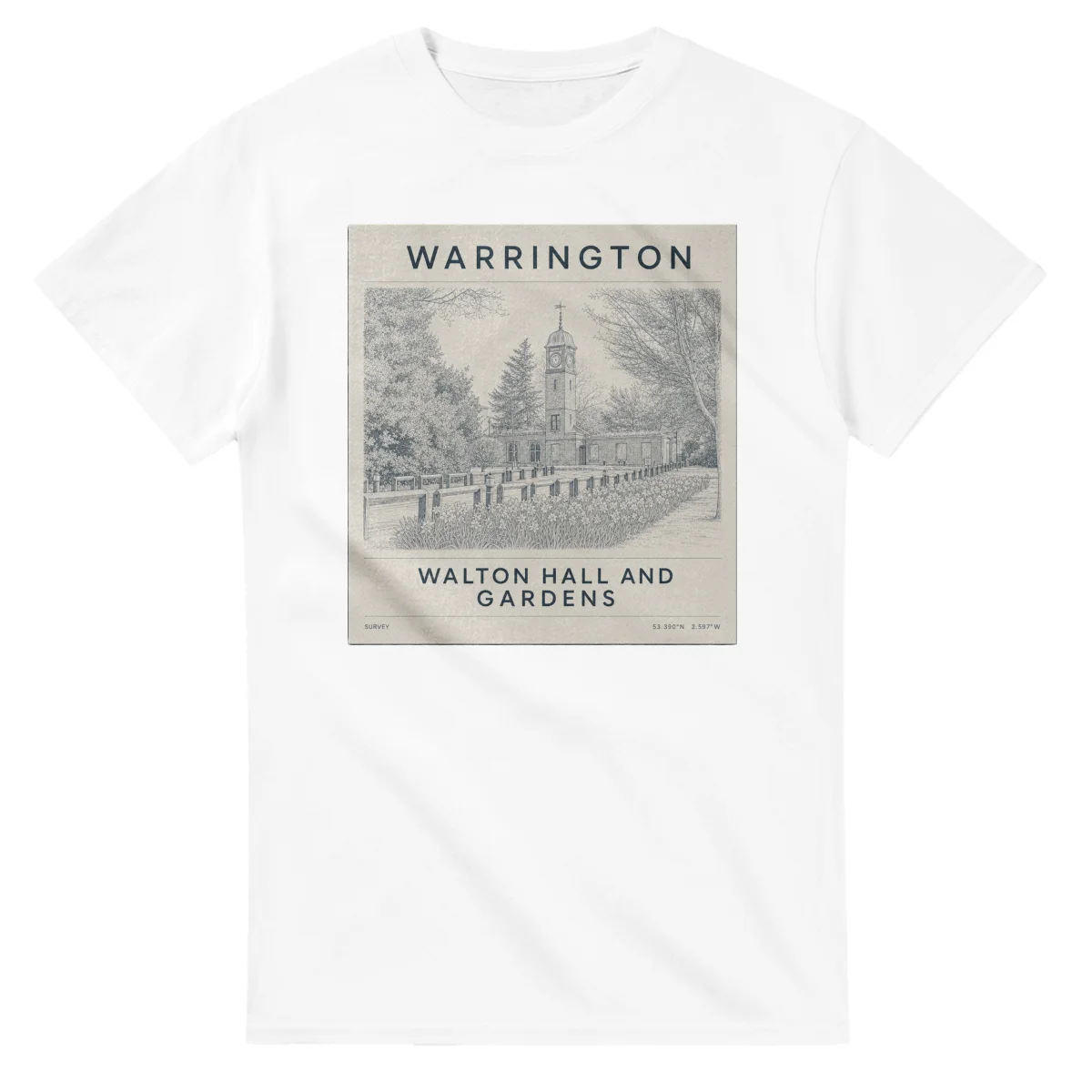 Fine-line engraving-style drawing for Warrington, with a landmark caption and small coordinate text.