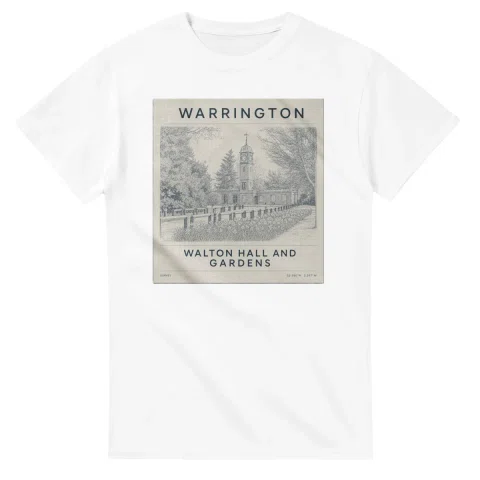 Fine-line engraving-style drawing for Warrington, with a landmark caption and small coordinate text.