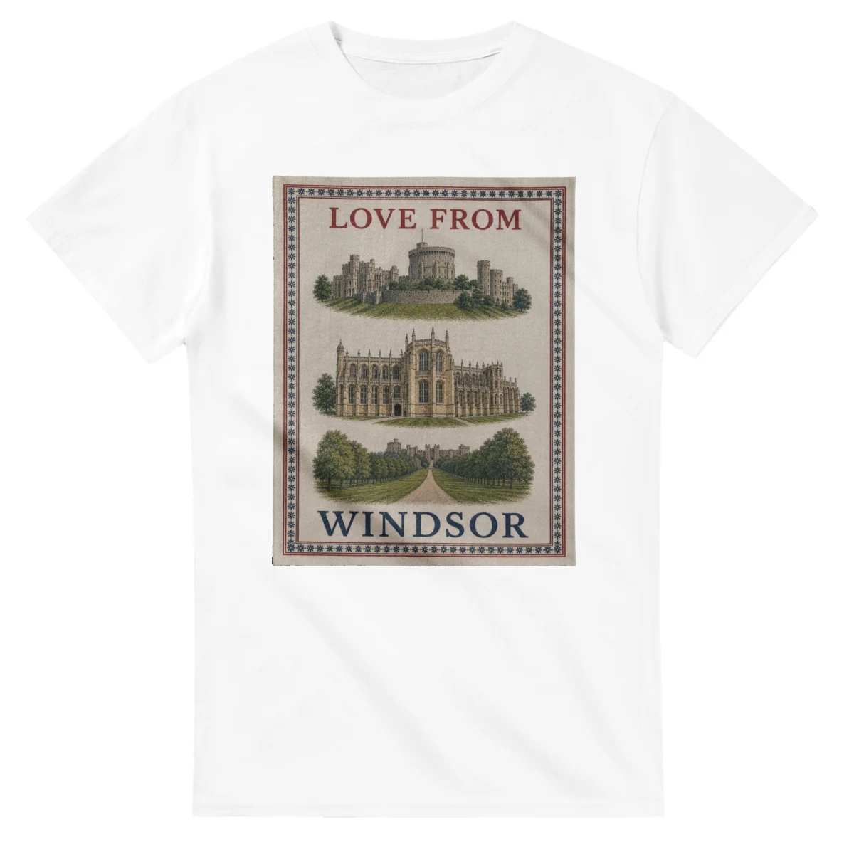 Framed scenic design for Windsor, with several local views, a decorative border and LOVE FROM lettering.
