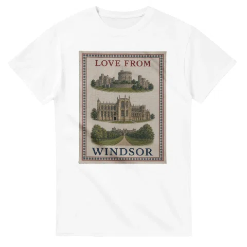 Framed scenic design for Windsor, with several local views, a decorative border and LOVE FROM lettering.