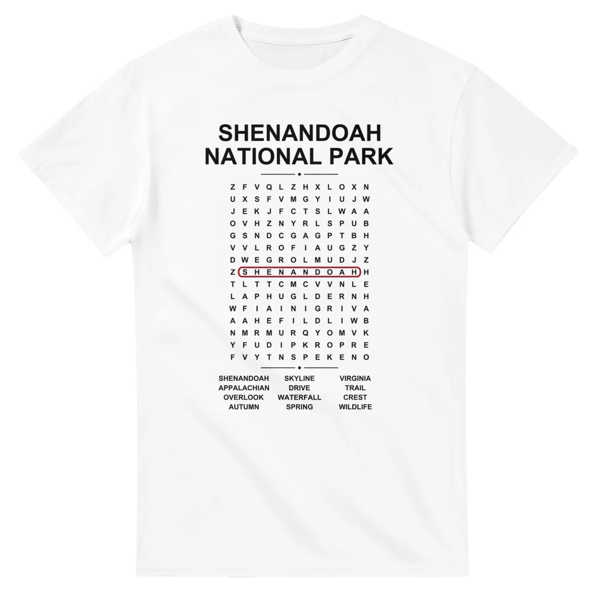 Word-search sheet for Shenandoah National Park, with a large place-name heading, a letter grid, a local answer list, and a red highlighted example word.