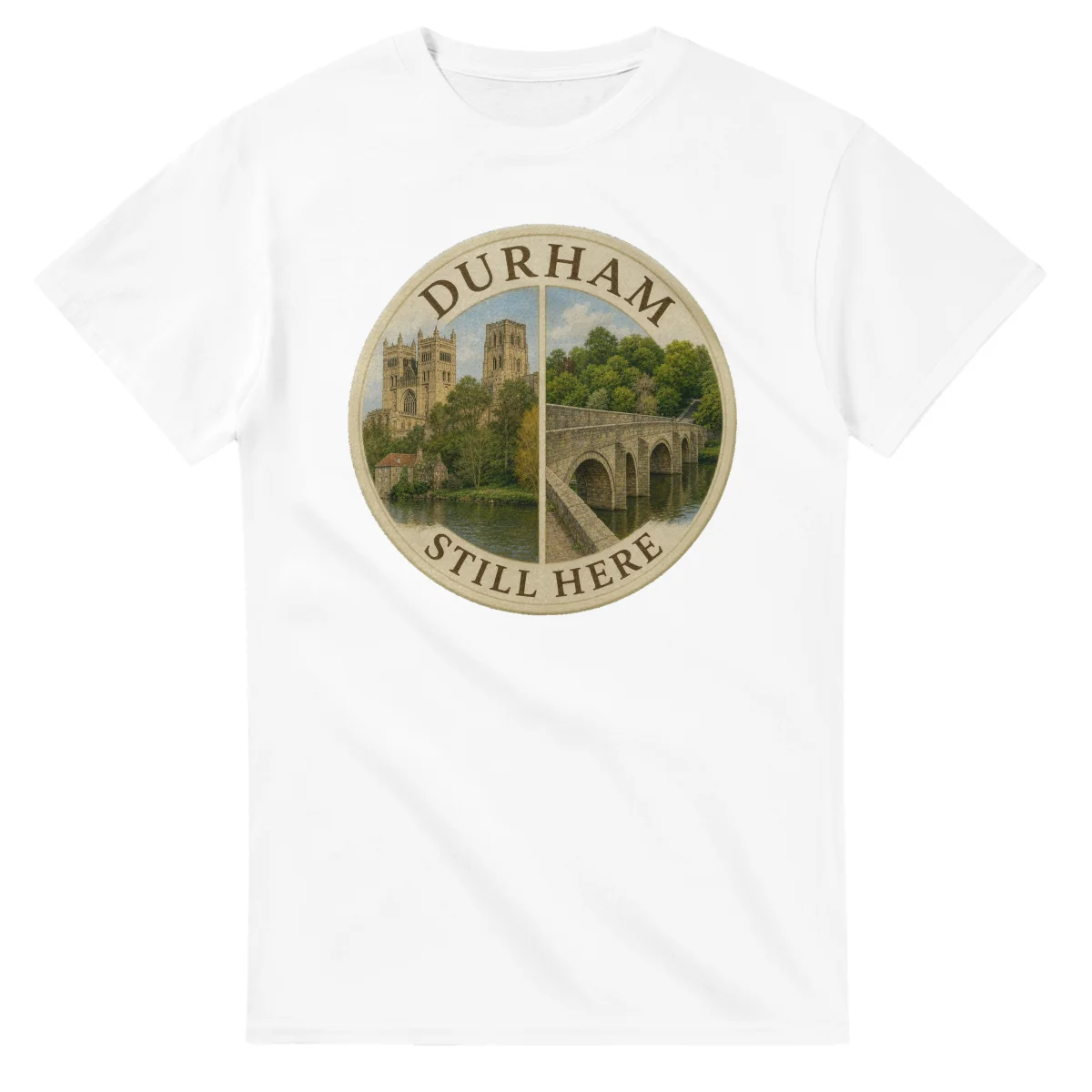 Painted, panelled scenic illustration for Durham, with paired local scenes and the place name in lettering.