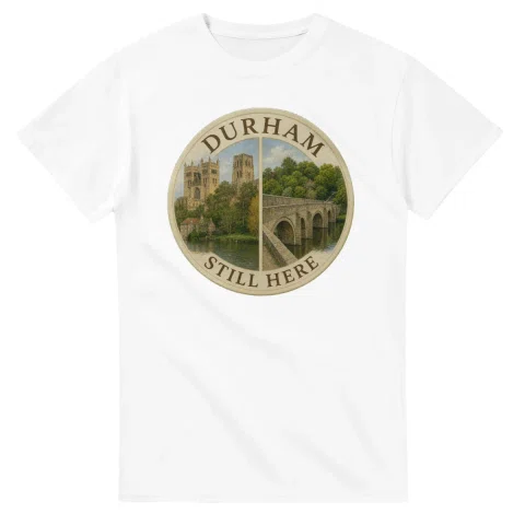 Painted, panelled scenic illustration for Durham, with paired local scenes and the place name in lettering.