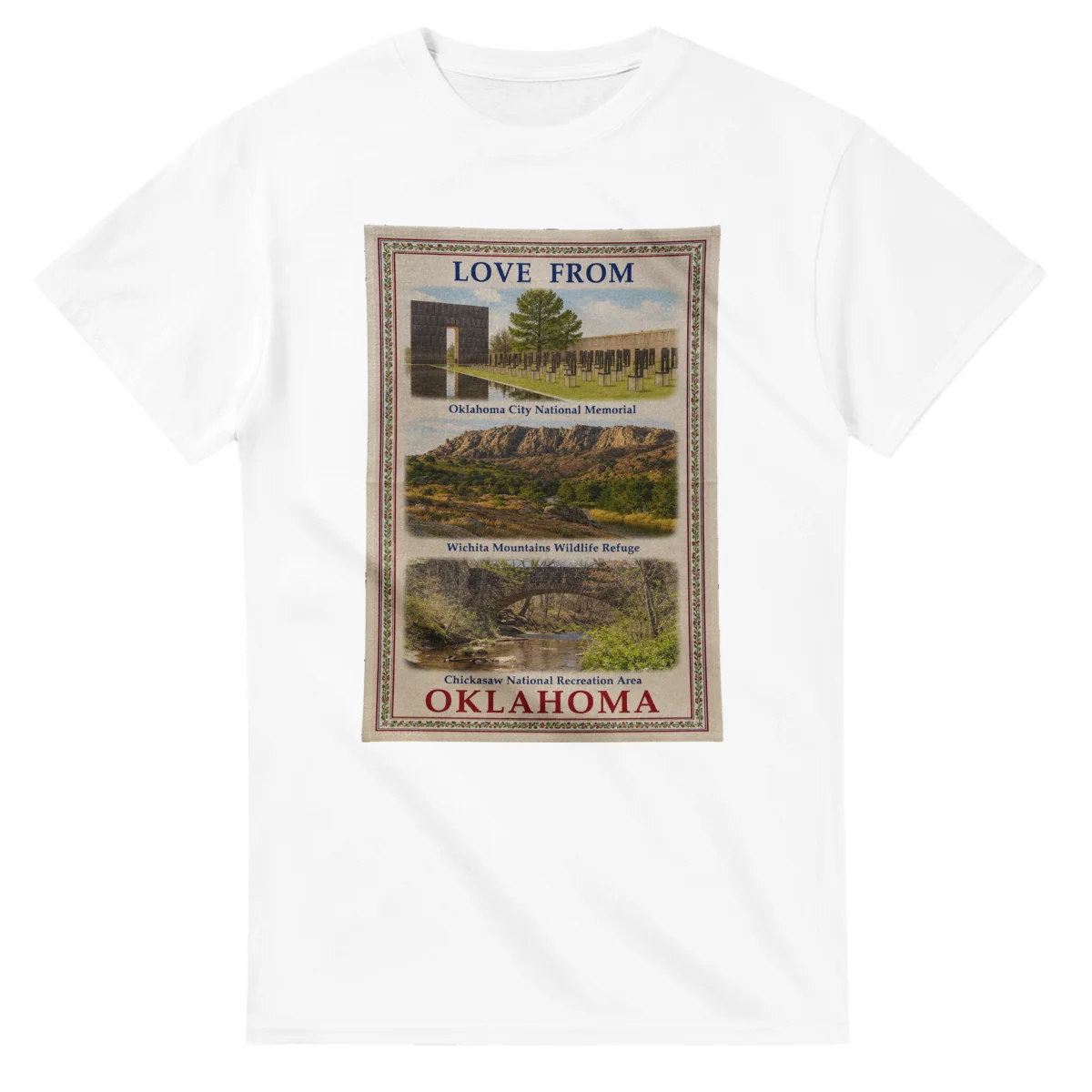 Framed scenic design for Oklahoma, with several local views, a decorative border and LOVE FROM lettering.