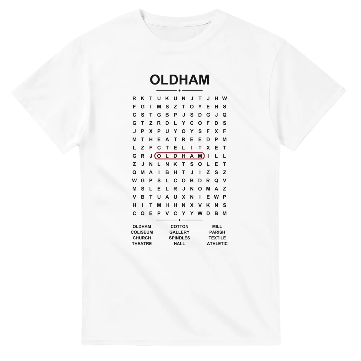 Word-search sheet for Oldham, with a large place-name heading, a letter grid, a local answer list, and a red highlighted example word.