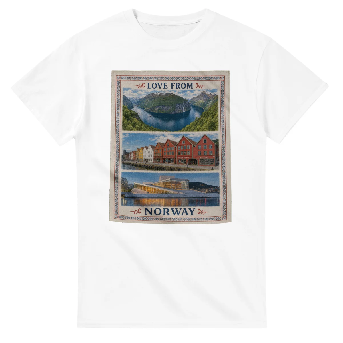 Framed scenic design for Norway, with several local views, a decorative border and LOVE FROM lettering.