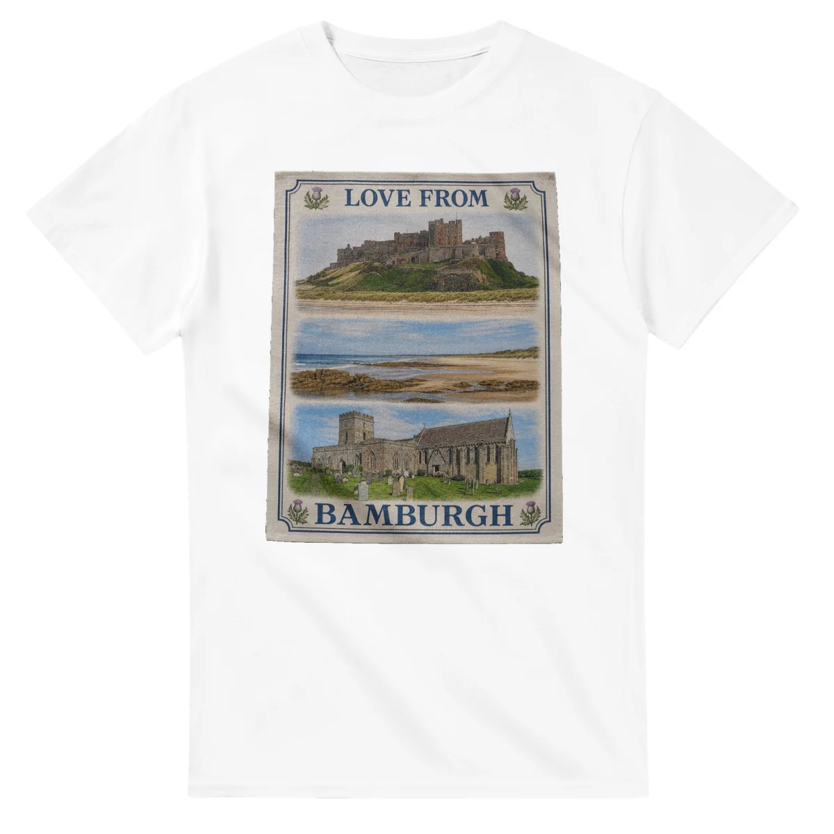 Framed scenic design for Bamburgh, with several local views, a decorative border and LOVE FROM lettering.