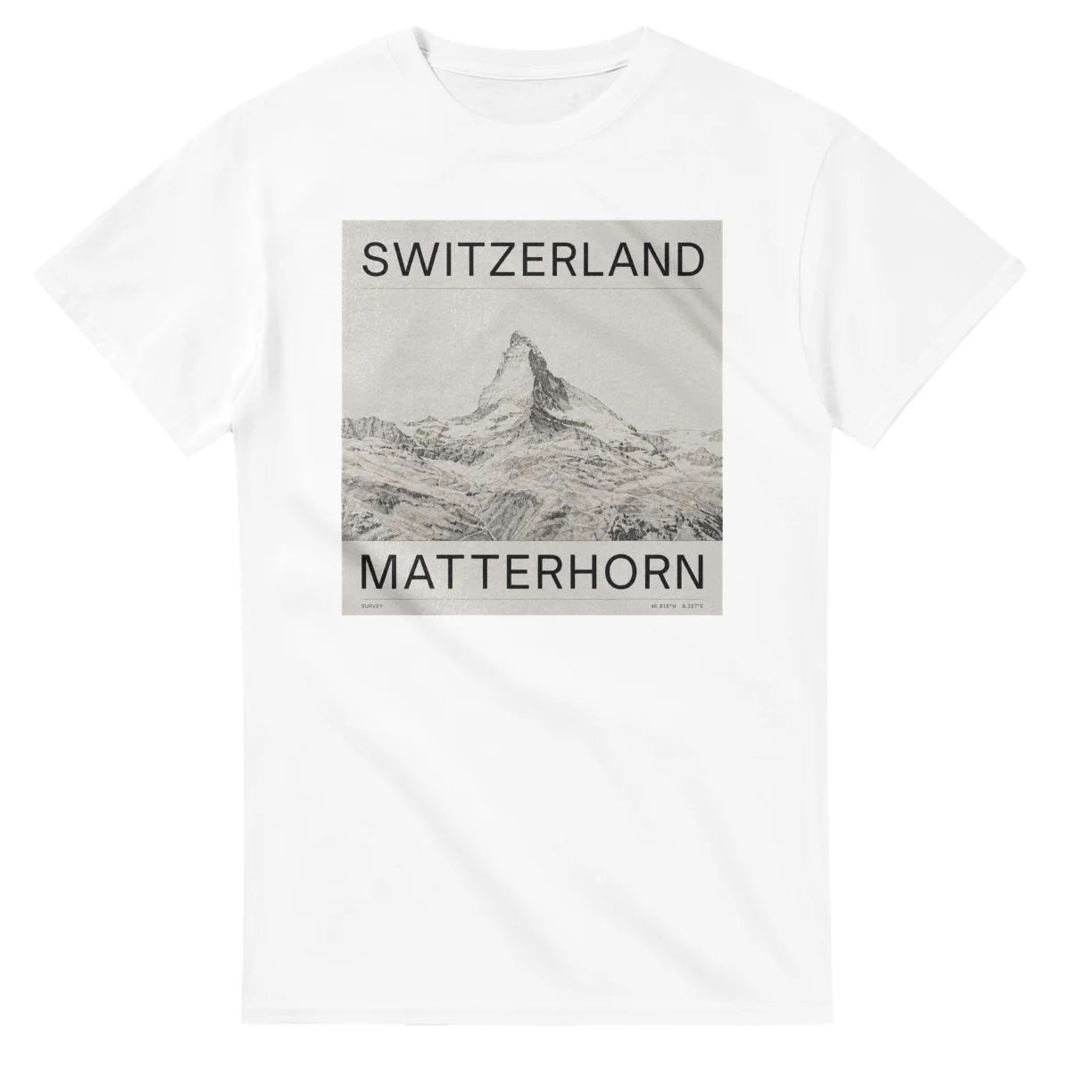 Fine-line engraving-style drawing for Switzerland, with a landmark caption and small coordinate text.