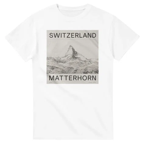 Fine-line engraving-style drawing for Switzerland, with a landmark caption and small coordinate text.