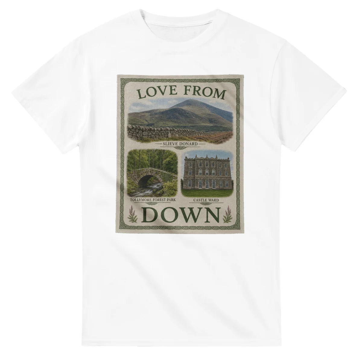 Framed scenic design for Down, with several local views, a decorative border and LOVE FROM lettering.