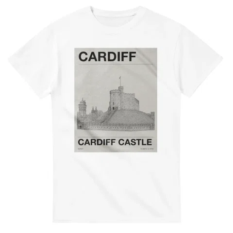 Fine-line engraving-style drawing for Cardiff, with a landmark caption and small coordinate text.