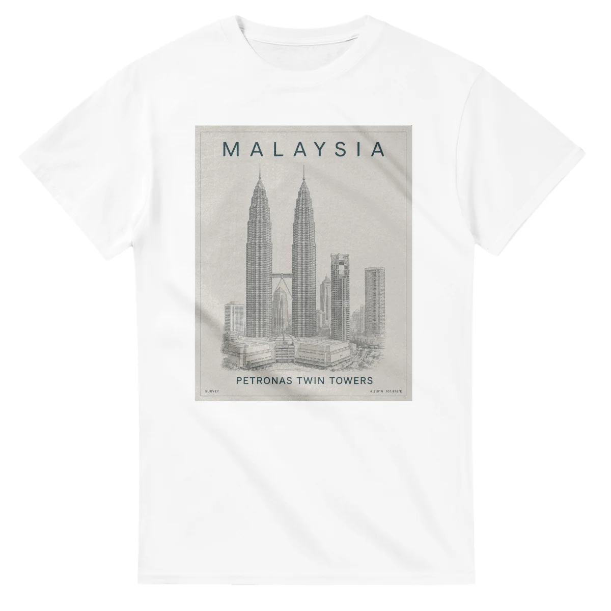 Fine-line engraving-style drawing for Malaysia, with a landmark caption and small coordinate text.