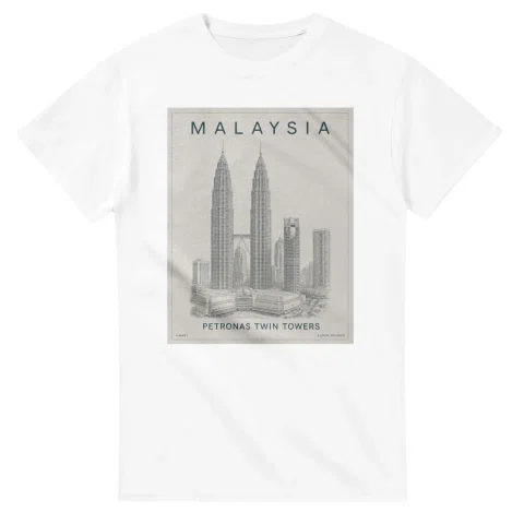 Fine-line engraving-style drawing for Malaysia, with a landmark caption and small coordinate text.