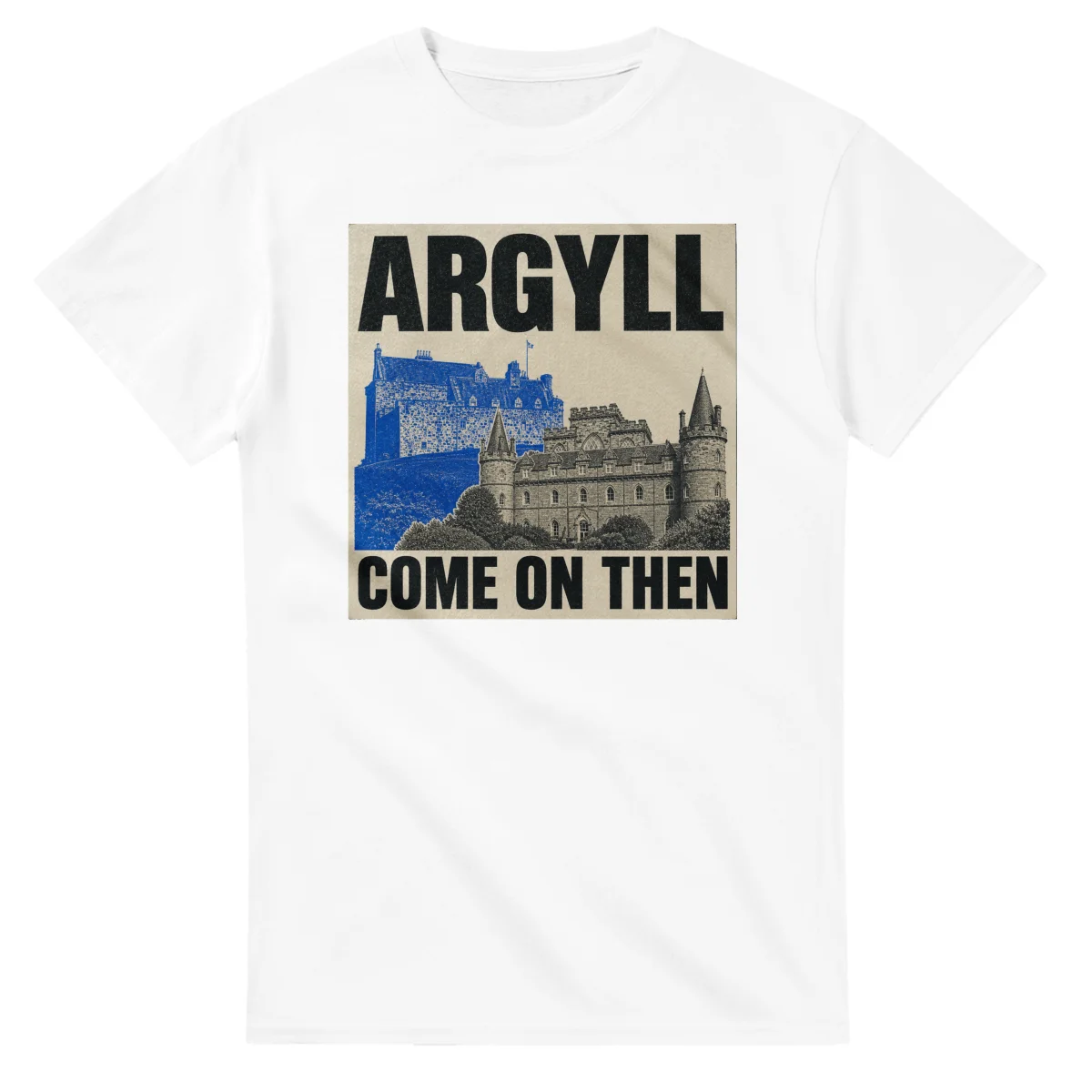 Two-colour scenic illustration for Argyll, with the place name and COME ON THEN lettering.