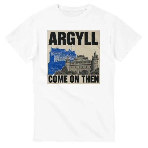 Two-colour scenic illustration for Argyll, with the place name and COME ON THEN lettering.