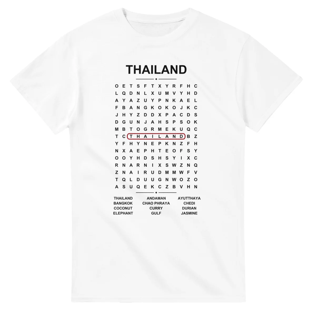 Word-search sheet for Thailand, with a large place-name heading, a letter grid, a local answer list, and a red highlighted example word.