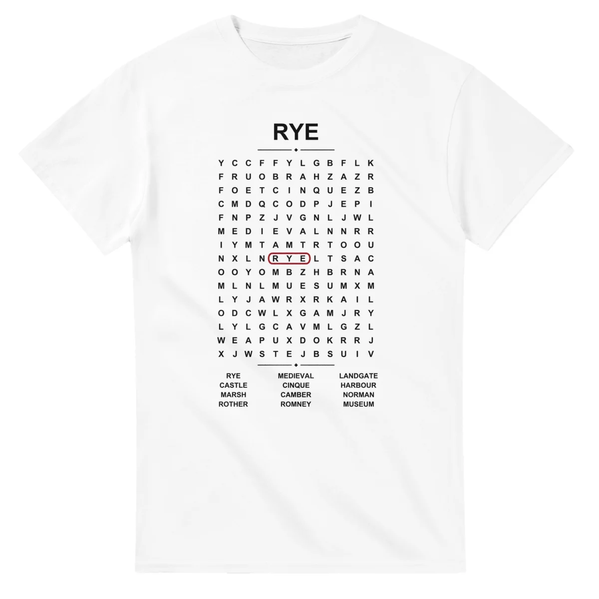 Word-search sheet for Rye, with a large place-name heading, a letter grid, a local answer list, and a red highlighted example word.