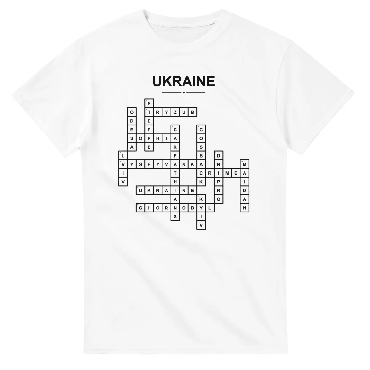 Monochrome crossword sheet for Ukraine, with a large place-name heading, a letter grid, and numbered across and down clues.
