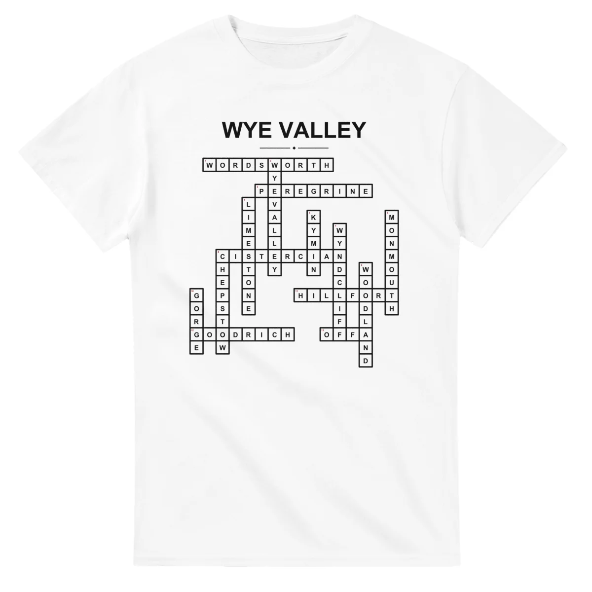 Monochrome crossword sheet for Wye Valley, with a large place-name heading, a letter grid, and numbered across and down clues.