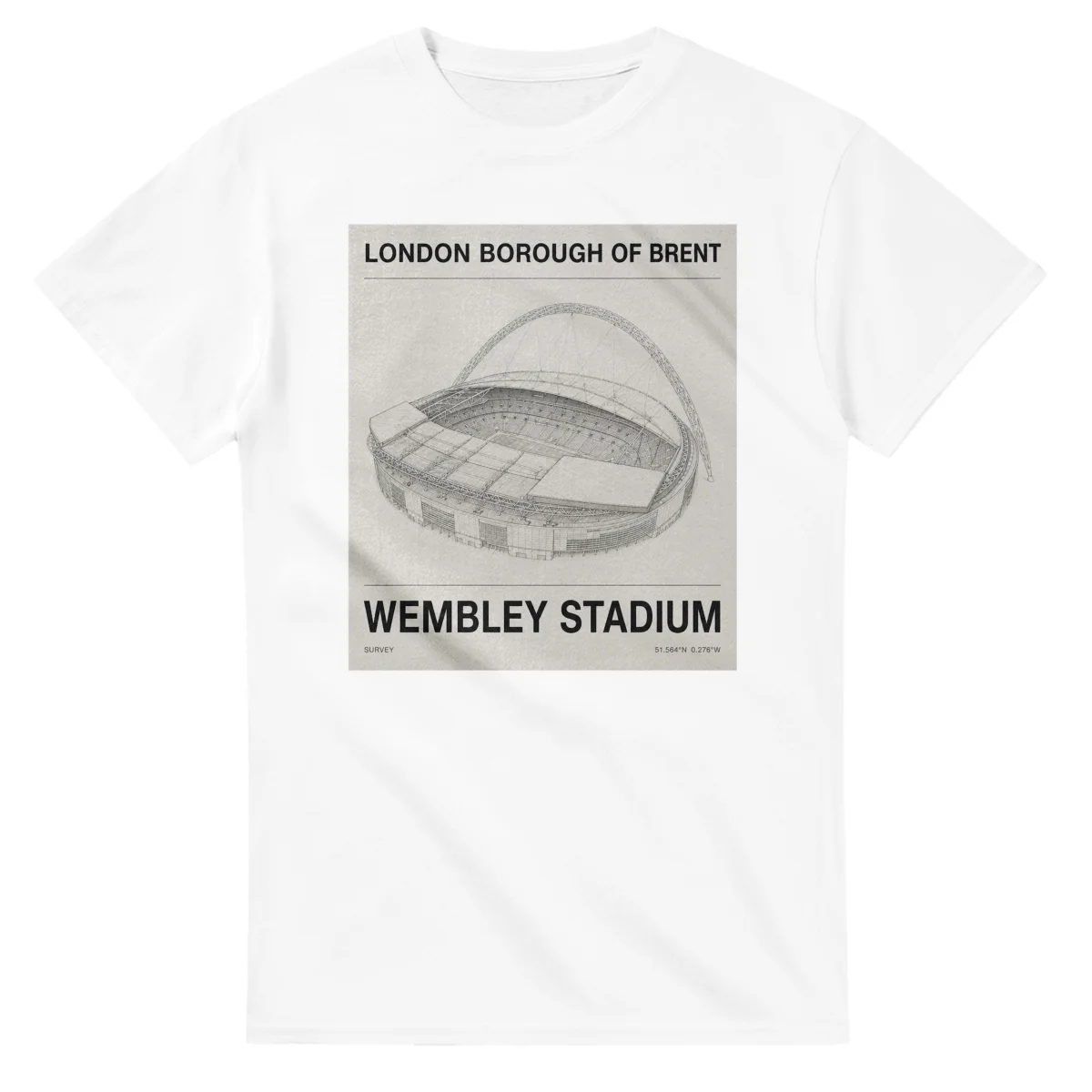 Fine-line engraving-style drawing for London Borough of Brent, with a landmark caption and small coordinate text.