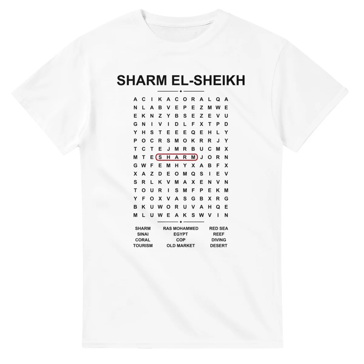 Word-search sheet for Sharm el-Sheikh, with a large place-name heading, a letter grid, a local answer list, and a red highlighted example word.
