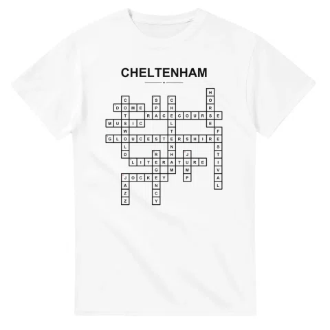 Monochrome crossword sheet for Cheltenham, with a large place-name heading, a letter grid, and numbered across and down clues.
