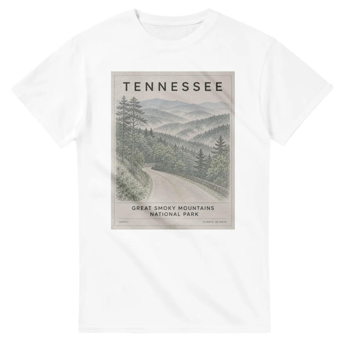 Fine-line engraving-style drawing for Tennessee, with a landmark caption and small coordinate text.