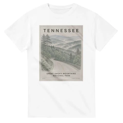 Fine-line engraving-style drawing for Tennessee, with a landmark caption and small coordinate text.
