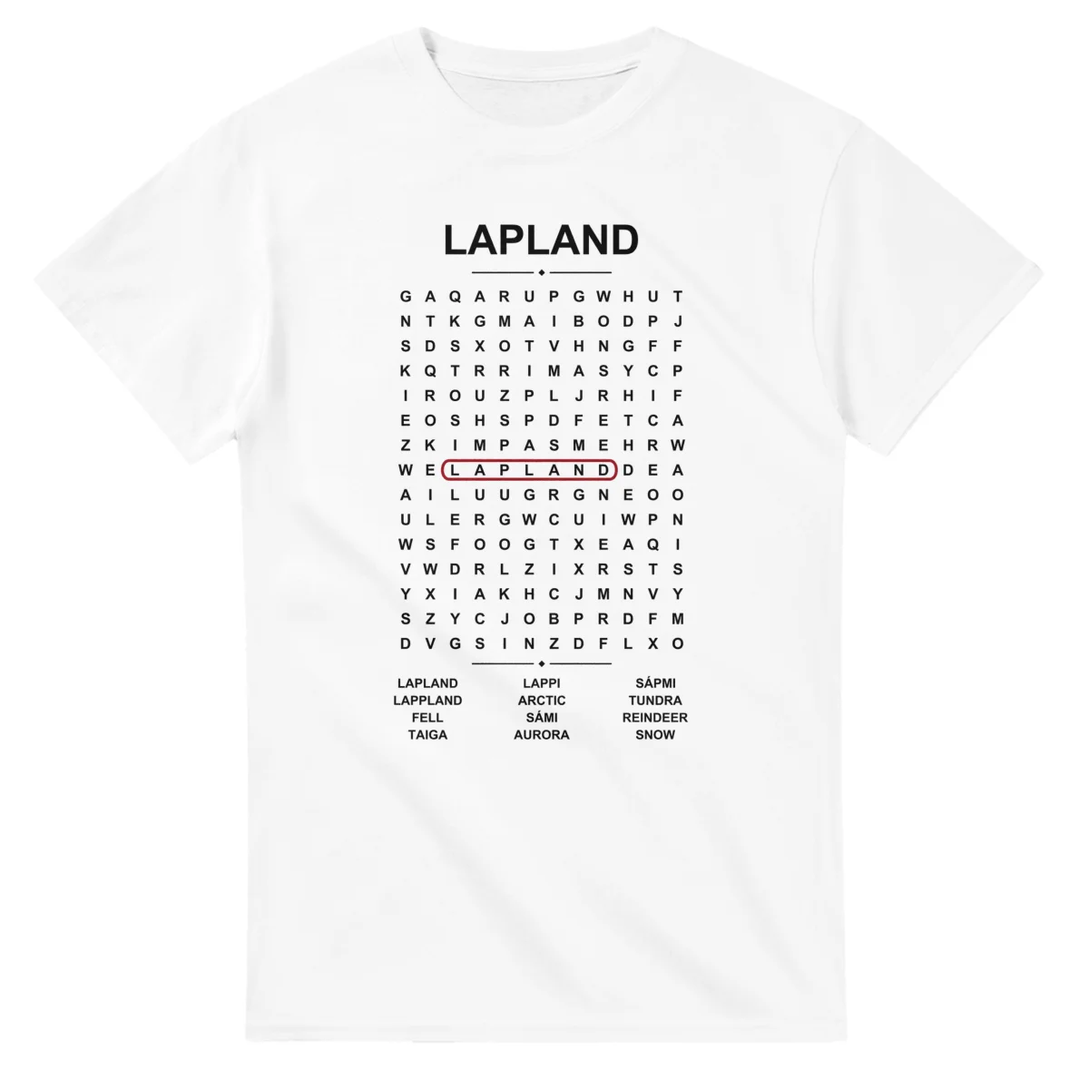 Word-search sheet for Lapland, with a large place-name heading, a letter grid, a local answer list, and a red highlighted example word.