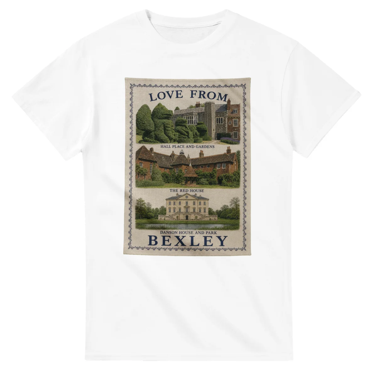 Framed scenic design for London Borough of Bexley, with several local views, a decorative border and LOVE FROM lettering.