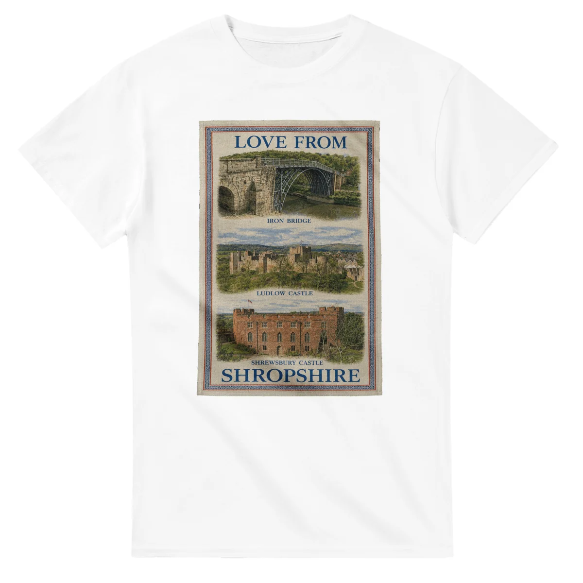 Framed scenic design for Shropshire, with several local views, a decorative border and LOVE FROM lettering.
