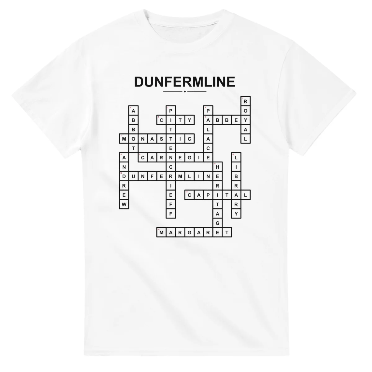 Monochrome crossword sheet for Dunfermline, with a large place-name heading, a letter grid, and numbered across and down clues.