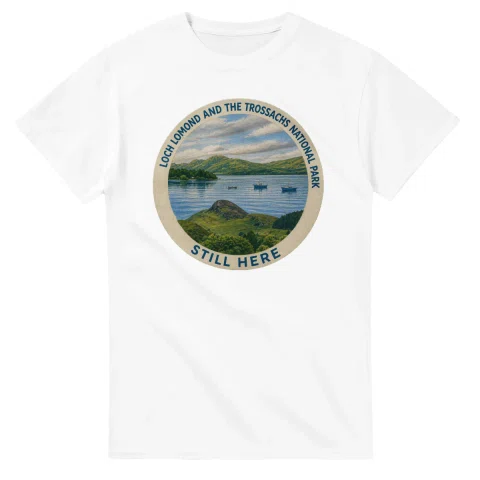 Painted, panelled scenic illustration for Loch Lomond and The Trossachs National Park, with paired local scenes and the place name in lettering.